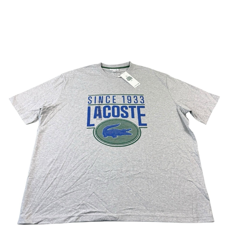 Lacoste Gray Blue Graphic Spellout Cotton T Shirt Mens 2XL XXL TH7315 NWT